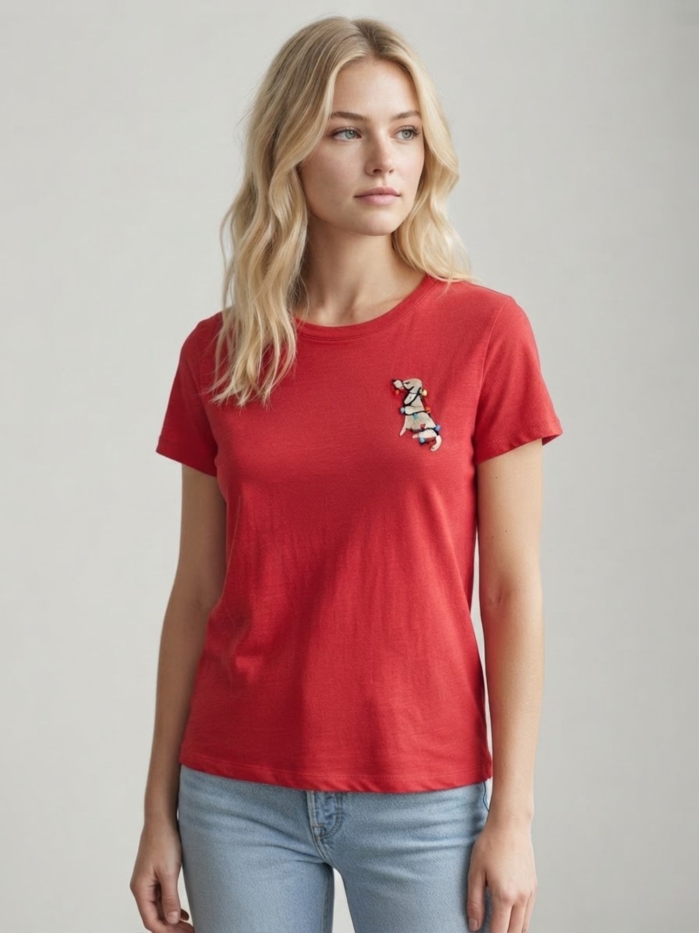 Loft Women's Red Holiday Light Dog T-shirt Cotton Christmas Size Medium